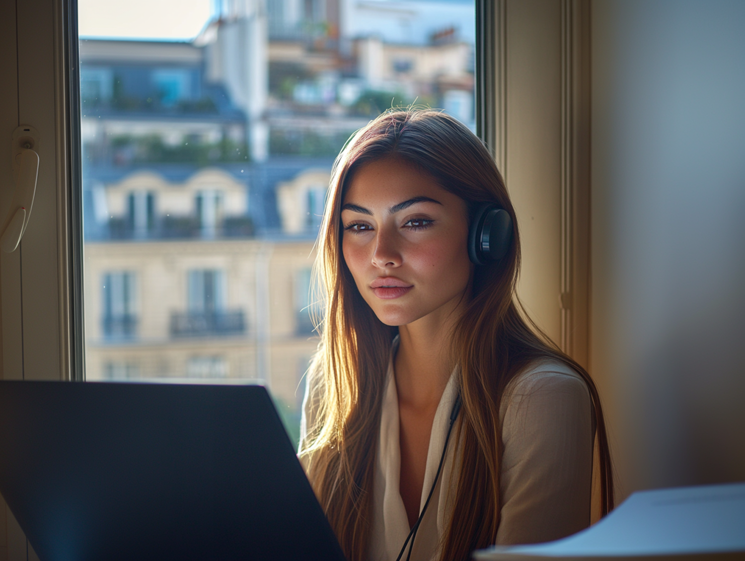 A person wearing headphones and concentrating intensely on a laptop, symbolizing deep work supported by ambient sounds or binaural beats.