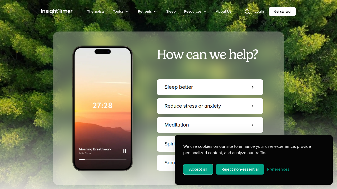 A screenshot of the Insight Timer website, showcasing its brand and primary offerings for meditation and focus support.
