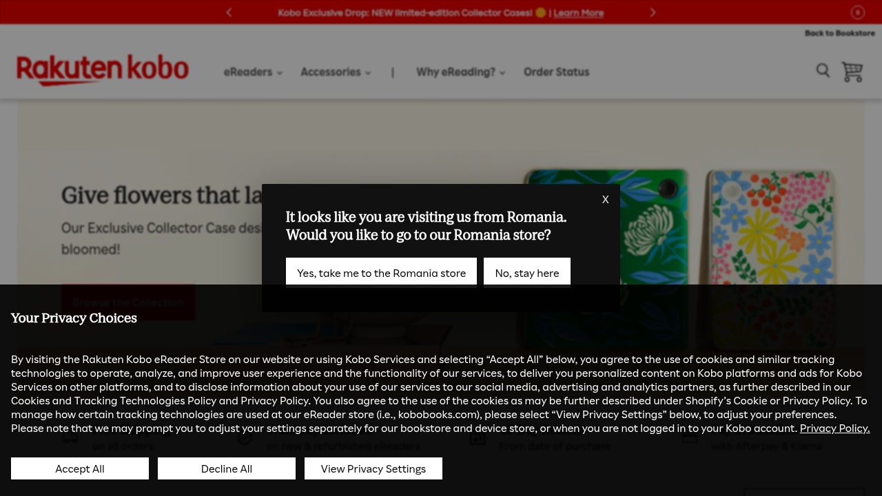 The homepage of Kobo, showcasing their range of e-readers and digital books, known for features like waterproofing and library integration.