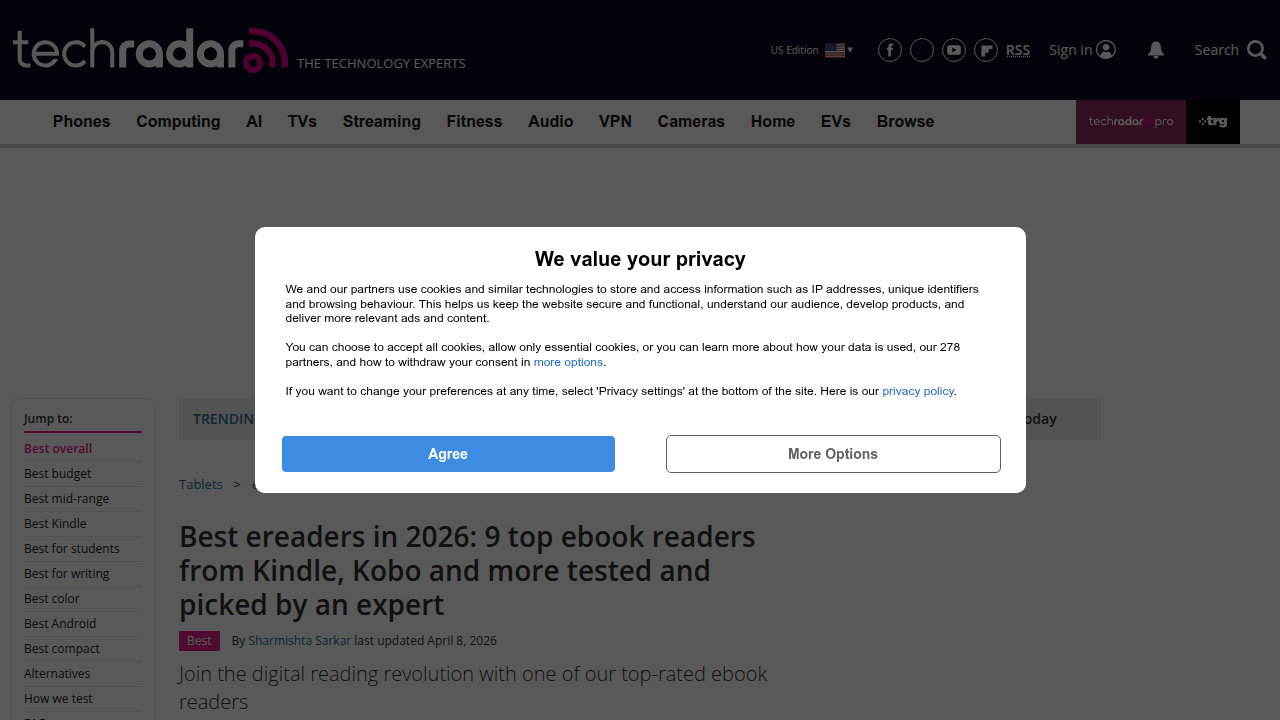 A screenshot of TechRadar's "Best e-reader" guide, detailing various models and their features for comparison.