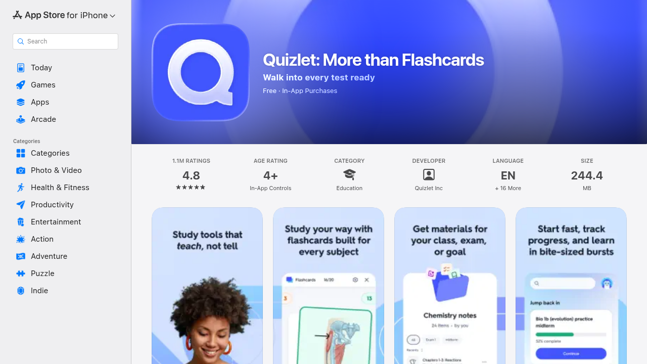 A screenshot of the Quizlet app page on the Apple App Store, showcasing features like multimedia support and study modes.