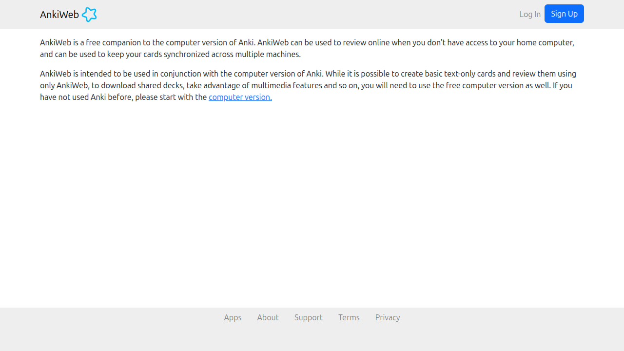 A screenshot of the Anki website homepage, highlighting its powerful spaced repetition system for long-term memory.