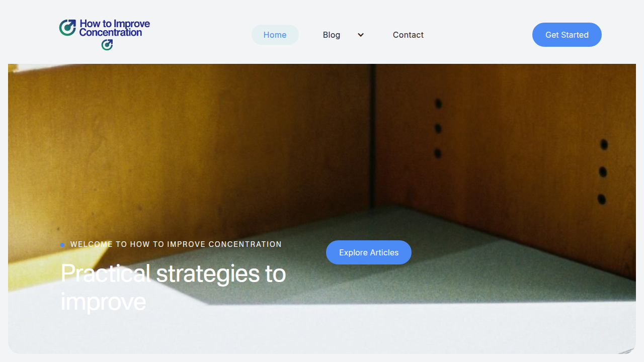 A screenshot of the 'How To Improve Concentration' website, offering guides and strategies for focused learning.