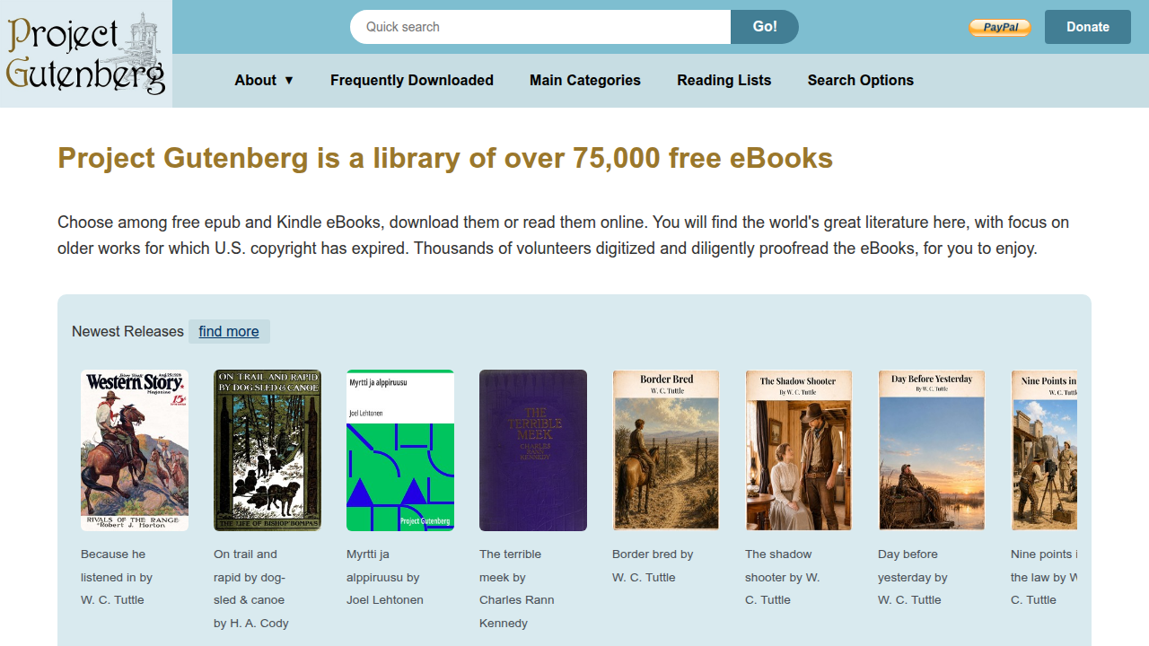 Explore the homepage of Project Gutenberg, offering over 70,000 free ebooks and a distraction-free reading experience.