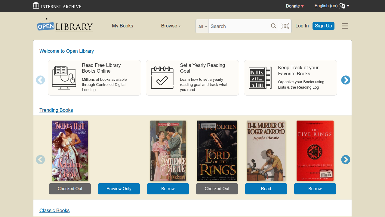 View the Open Library homepage, where you can borrow digital books much like a physical library, encouraging focused reading.