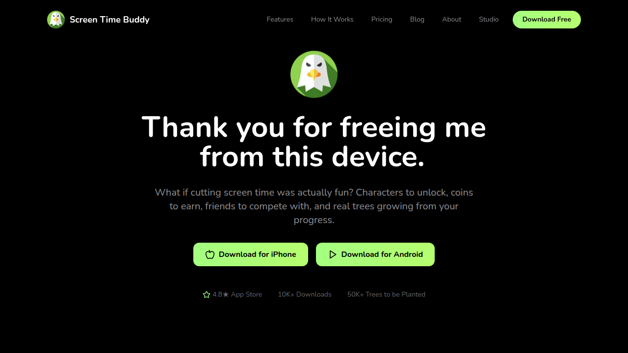 Screenshot of the ScreenTimeBuddy homepage, offering insights and tools for managing screen time.