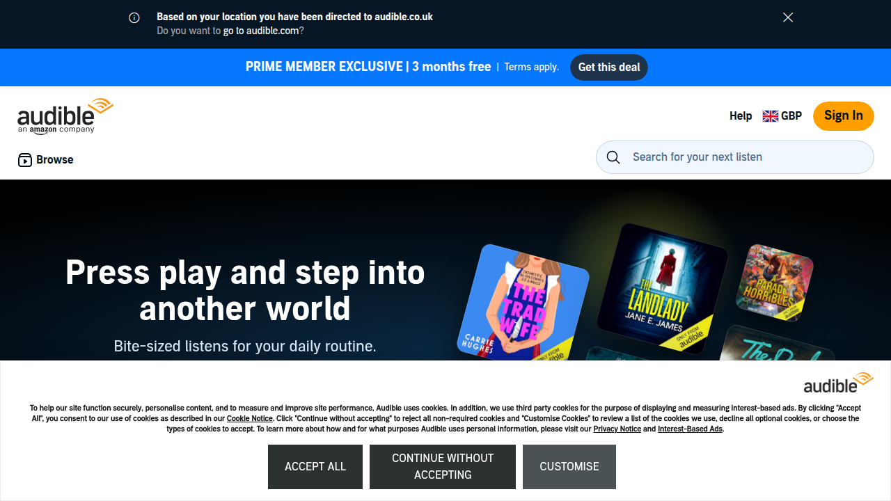 The Audible homepage, showcasing its library of audiobooks and platform for auditory learning.
