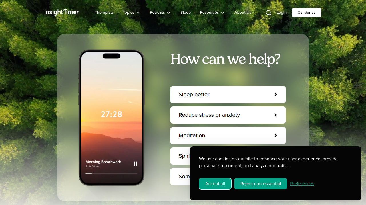 The Insight Timer homepage, showcasing its extensive library of meditations and community features for focus training.