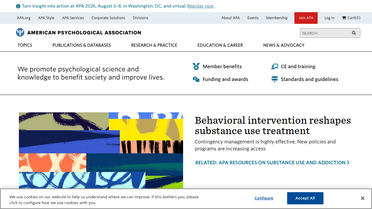 A screenshot of the American Psychological Association (APA) homepage, a resource for psychological research.