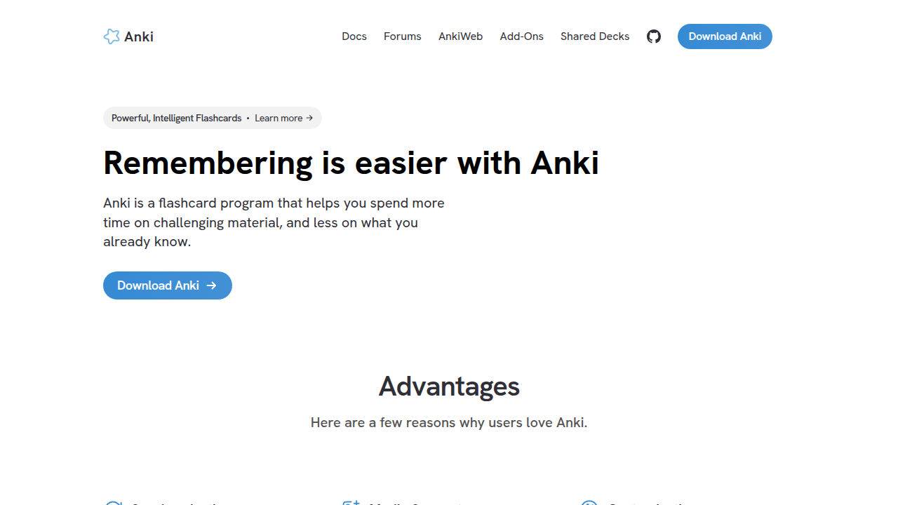 The clean and functional web interface of Anki, demonstrating its digital flashcard system.