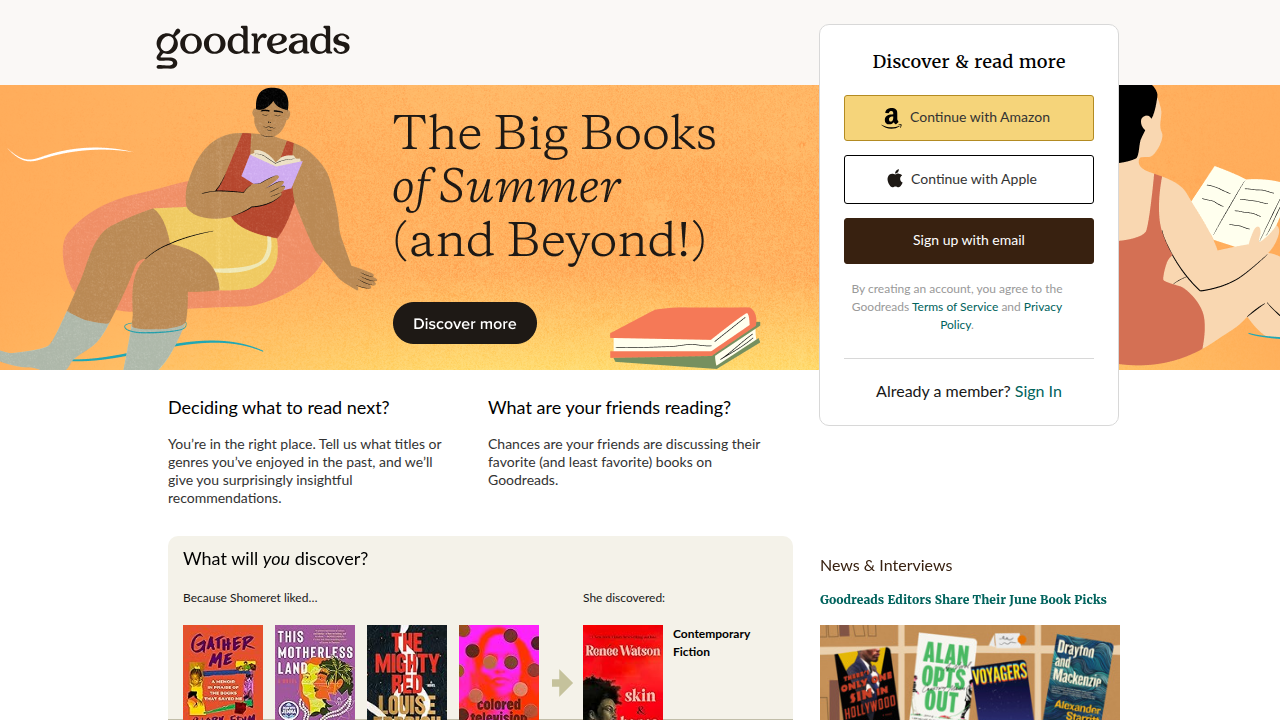 A screenshot of Goodreads, illustrating a popular book tracking and social reading platform.