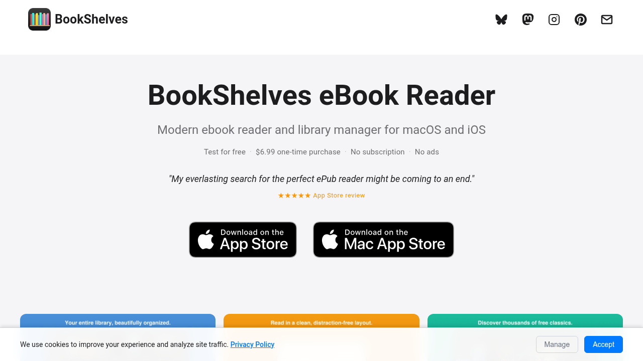 Visit the Bookshelves app website, a platform discussing optimal book formats like EPUB for digital reading.