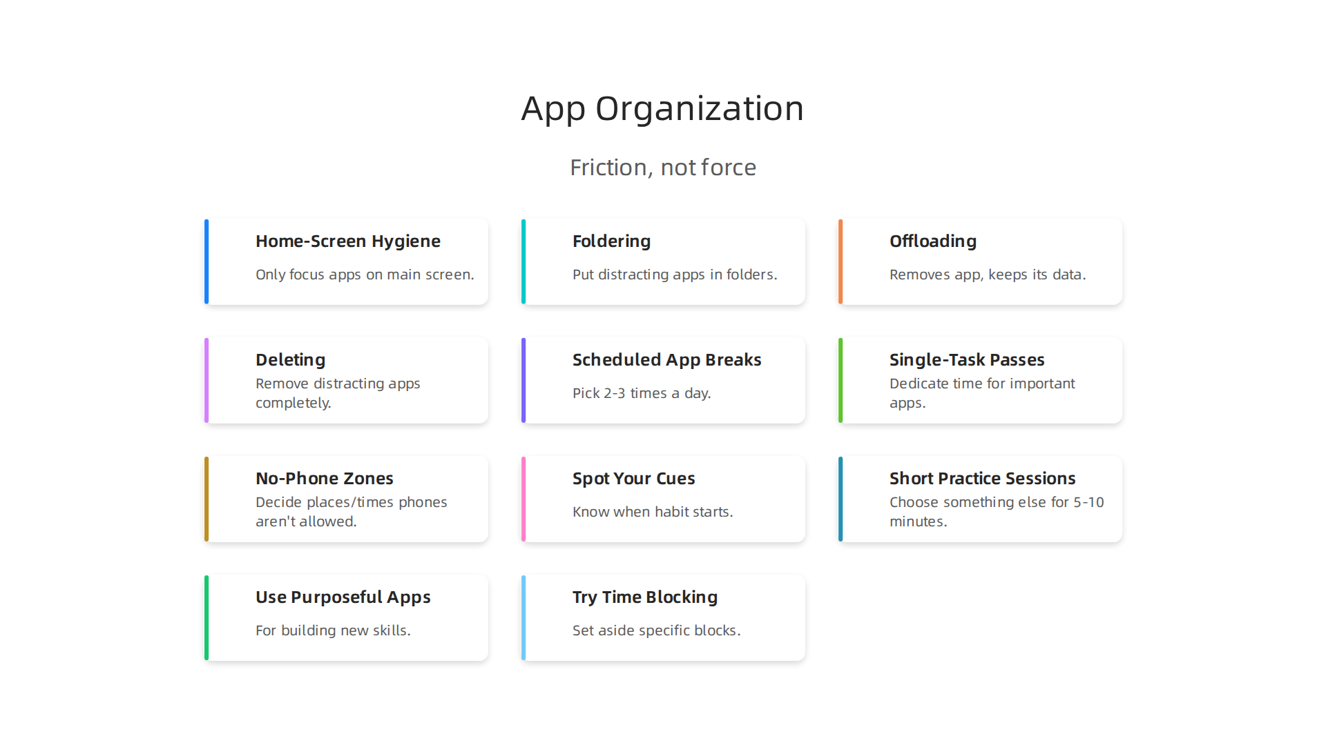 Visual guide to organizing your phone apps using friction, not force, to reduce distractions.