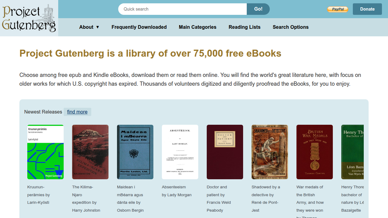 Screenshot of the Project Gutenberg homepage, a source for free digital books, highlighting its simple, text-focused design.