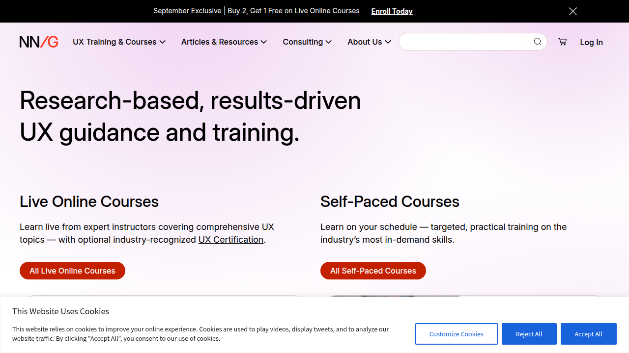 Screenshot of the Nielsen Norman Group homepage, a leading resource for UX research and design, relevant to icon usability.