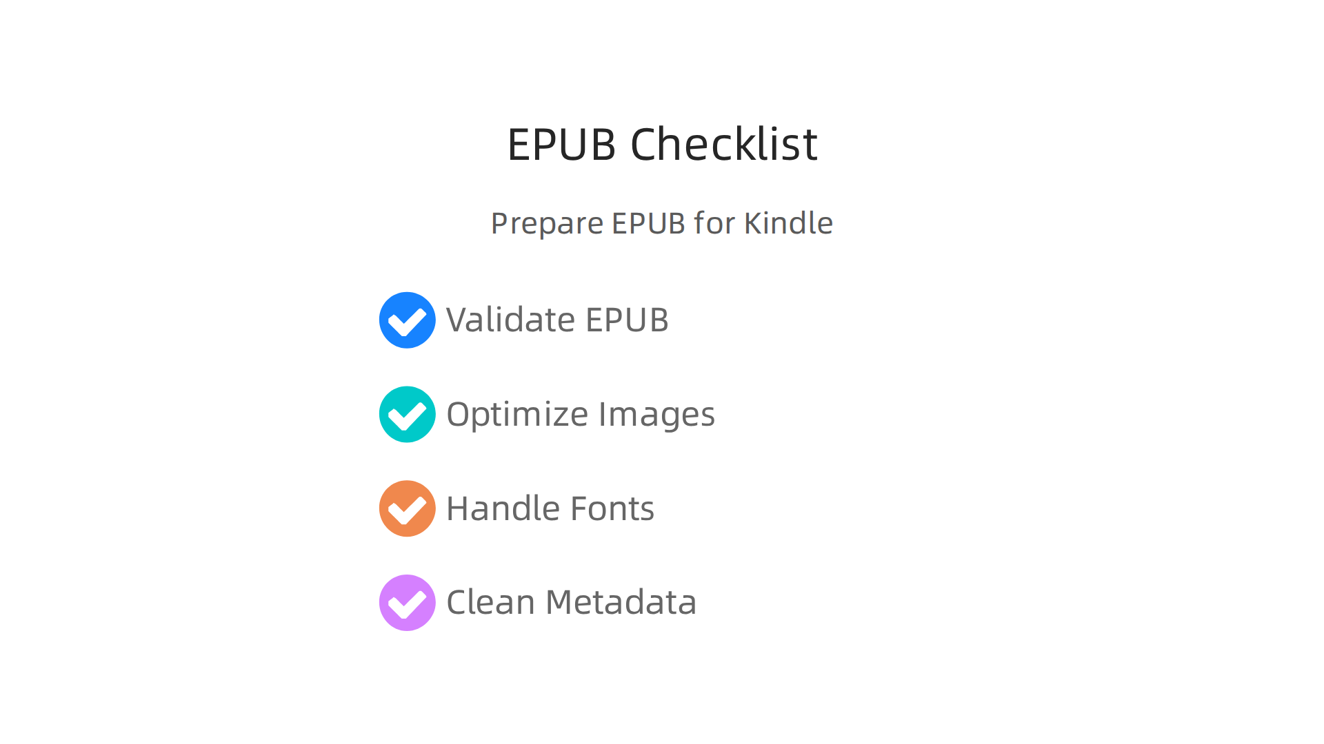 A concise checklist of crucial steps to prepare an EPUB file for successful and high-quality Kindle conversion.