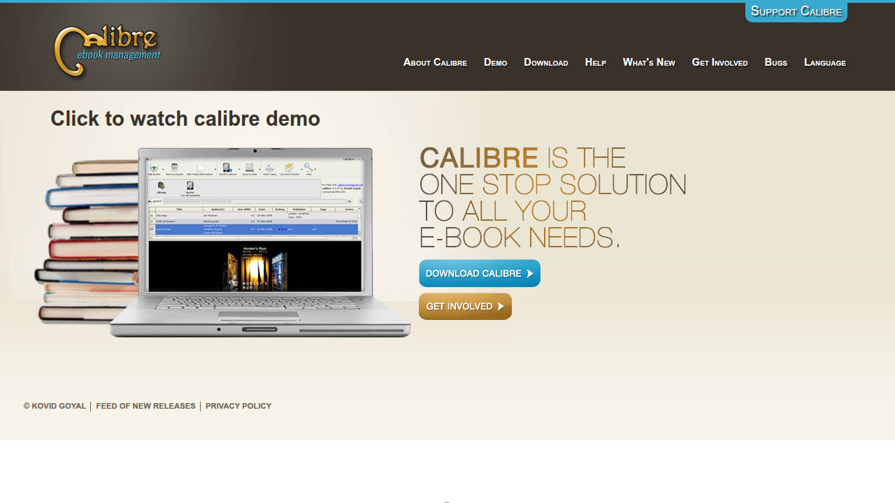 Screenshot of the Calibre ebook management software homepage, a popular tool for EPUB conversion.