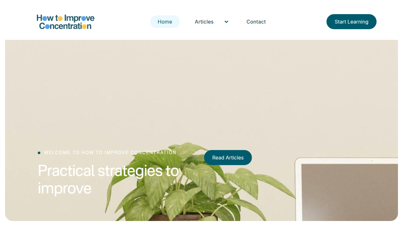 Screenshot of the How To Improve Concentration homepage, a resource for improving focus in digital reading.