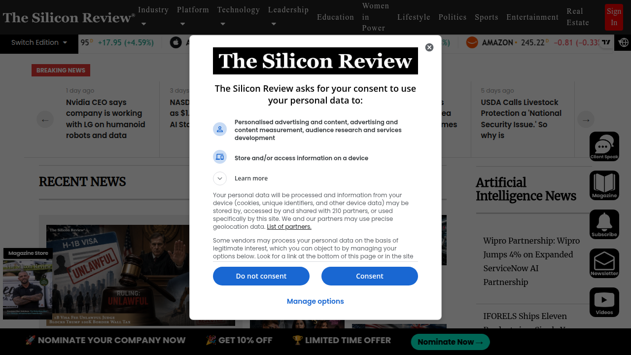 Screenshot of The Silicon Review homepage, discussing tech and business, including privacy in platforms.