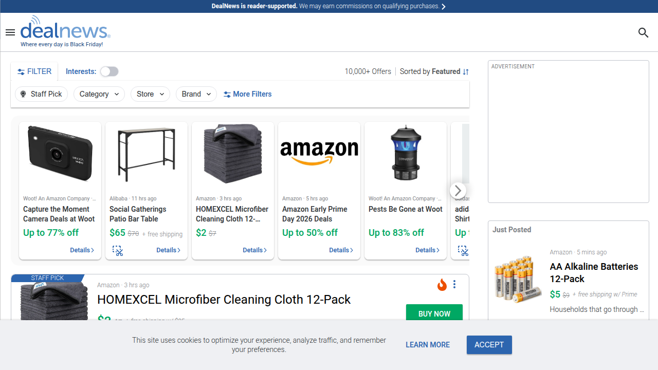 A screenshot of the DealNews homepage, a site that provides information on various product deals, including Kindle Unlimited costs.