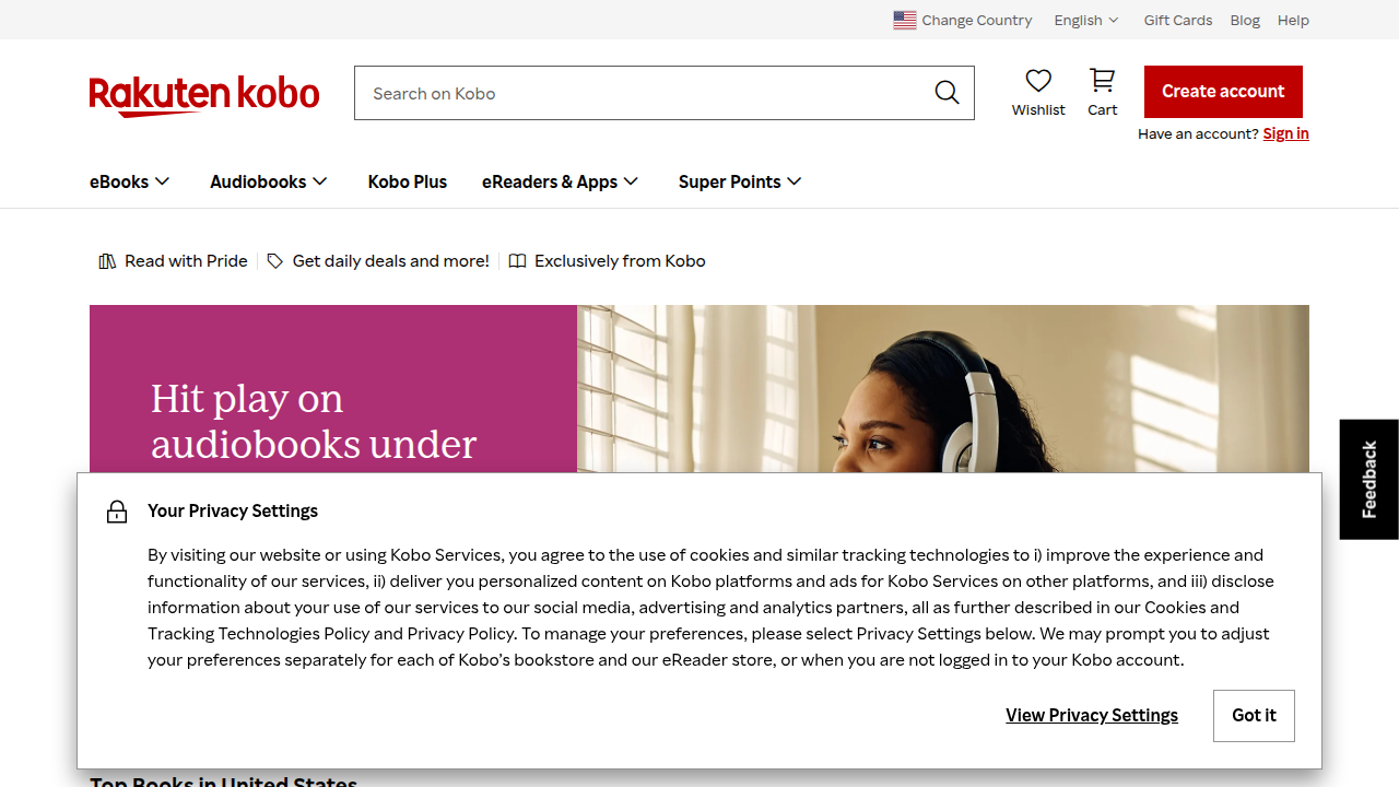 Screenshot of the Kobo online bookstore homepage, highlighting its features for an adaptable and focused reading experience.
