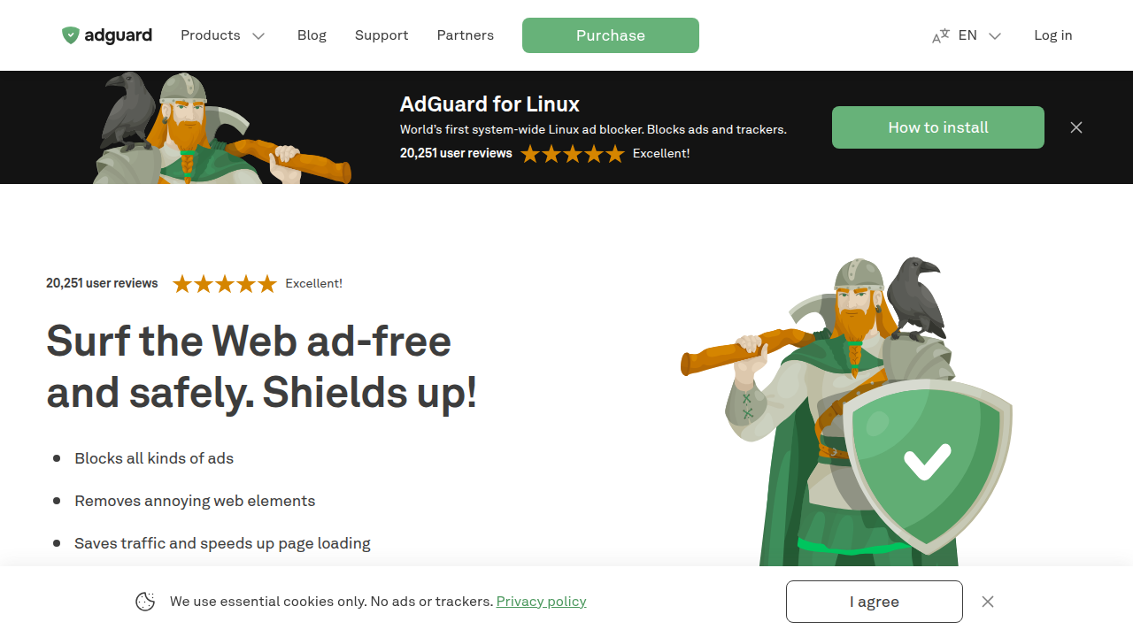 The official website for AdGuard, highlighting its comprehensive ad and tracker blocking capabilities.