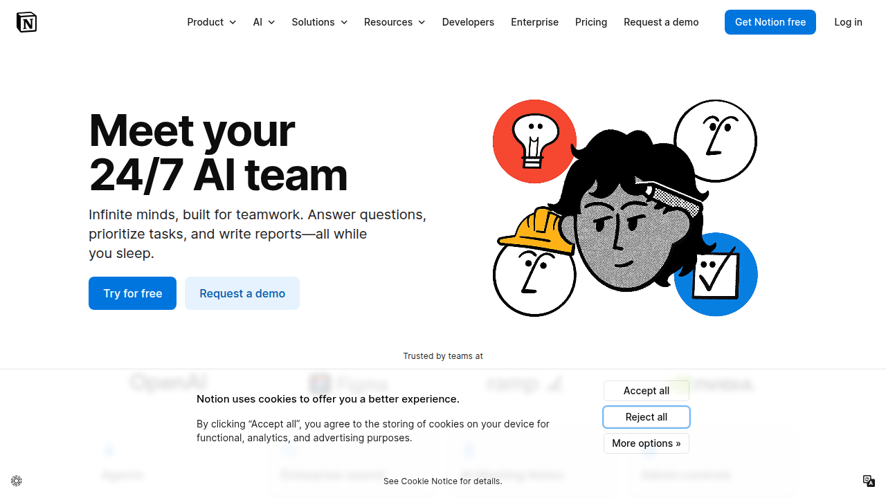 Notion AI product page showcasing its features for automating tasks and enhancing productivity.