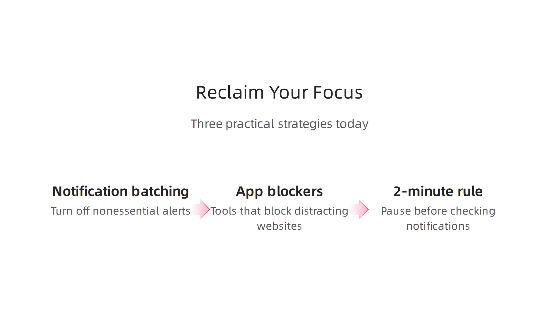 Implement these three practical strategies—notification batching, app blockers, and the 2-minute rule—to combat digital distractions.
