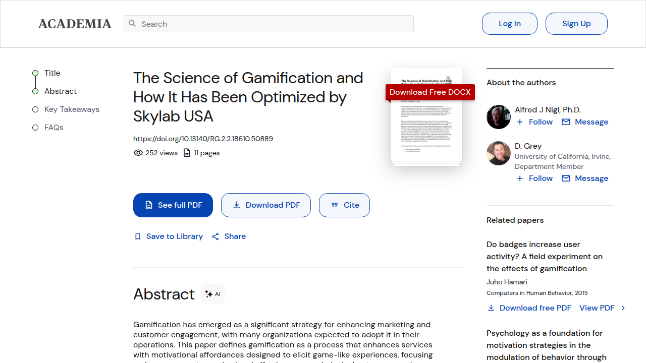 Screenshot of 'The Science of Gamification' paper on Academia.edu, detailing neuroscience mechanisms for focus.