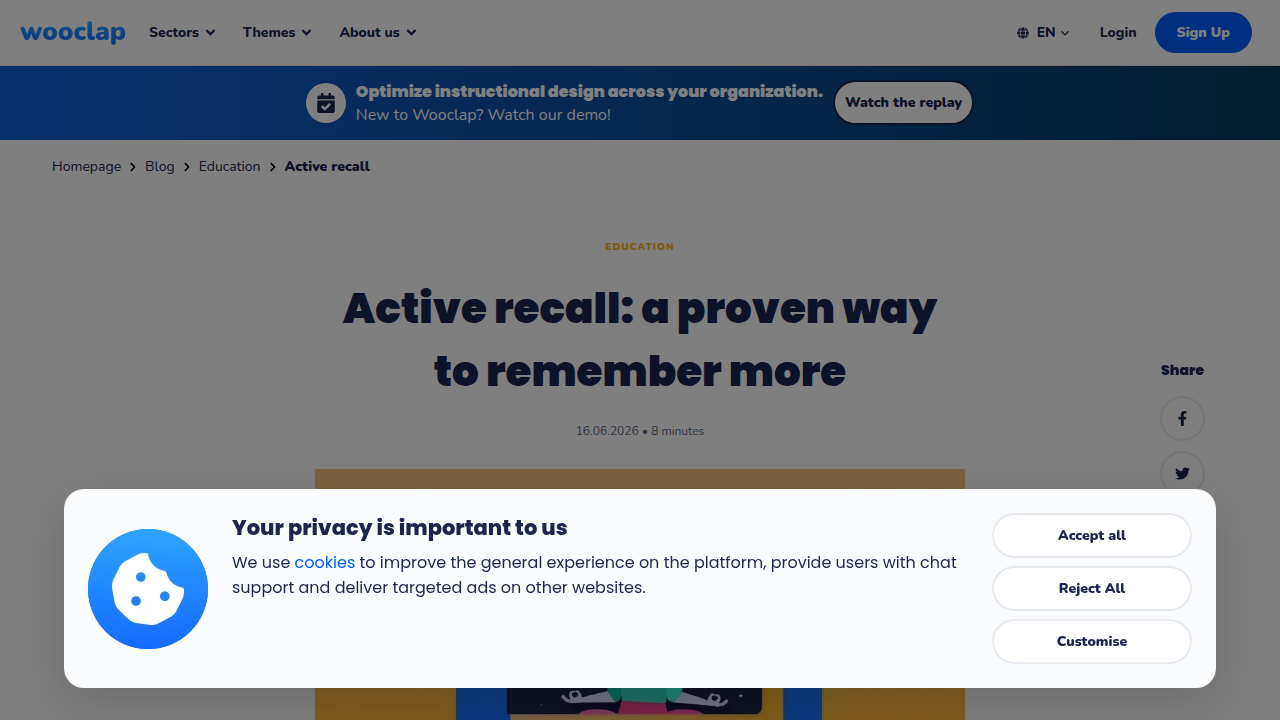 A screenshot of Wooclap's blog post detailing the benefits and methodology of active recall for improved retention.