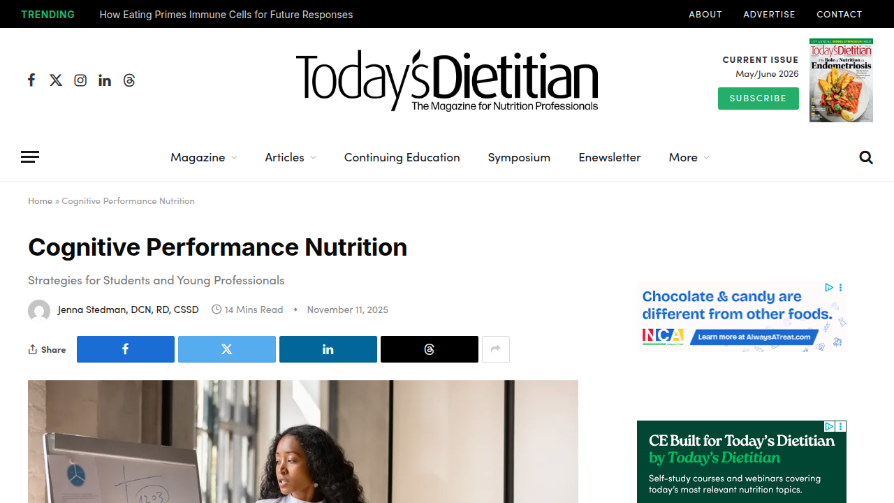 A screenshot from Today's Dietitian magazine, featuring an article on nutrition for cognitive performance.