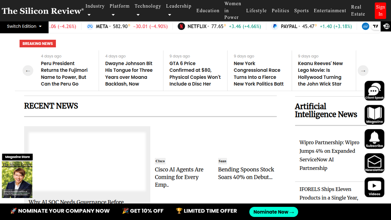 The Silicon Review homepage, a technology magazine that features companies and innovations in the tech industry.