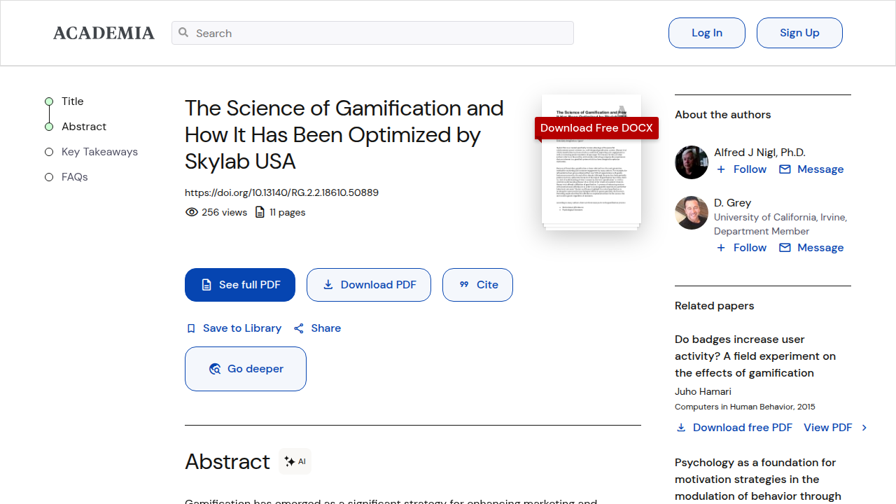 A screenshot from Academia.edu showcasing "The Science of Gamification" peer white paper, detailing behavioral mechanisms for training focus.