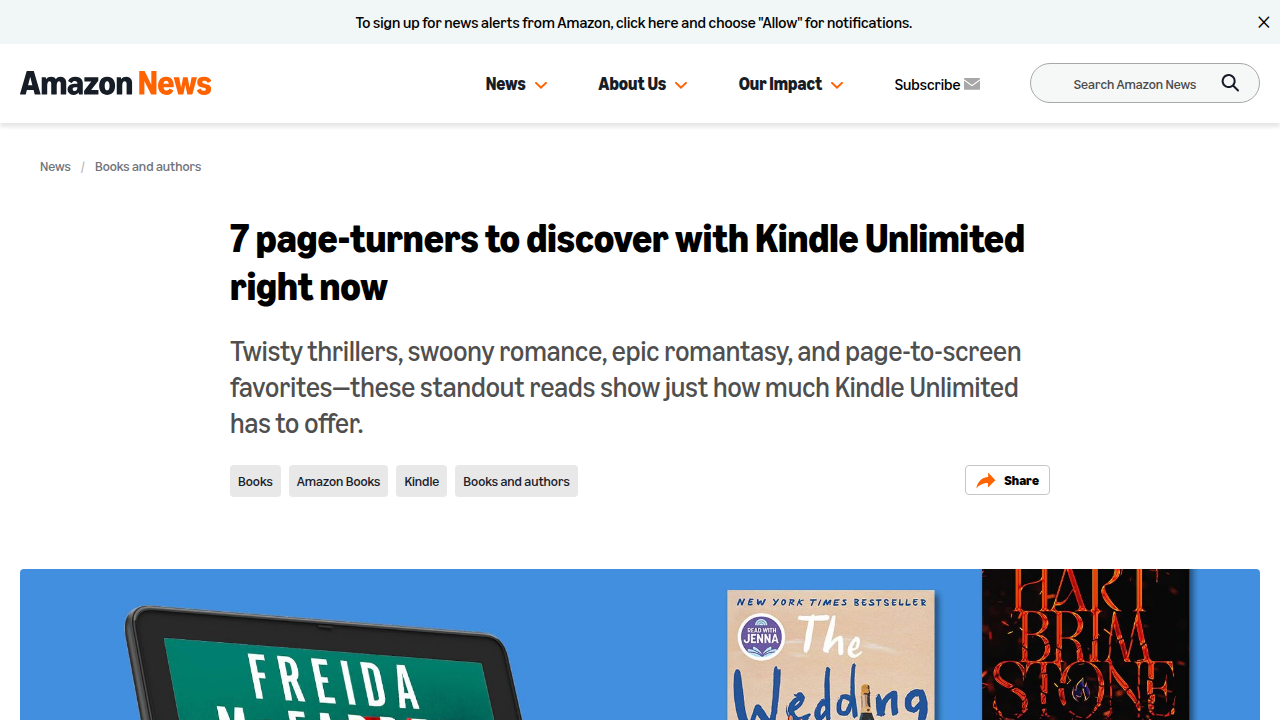 Screenshot of an official Amazon blog post highlighting recommended page-turners available on Kindle Unlimited.