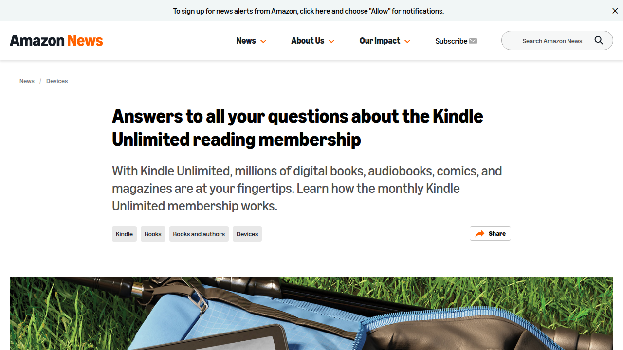 Screenshot of Amazon's official guide explaining Kindle Unlimited, highlighting its features including bundled audiobooks.