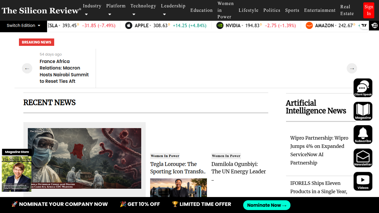 Screenshot of The Silicon Review magazine homepage, featuring technology and business profiles.