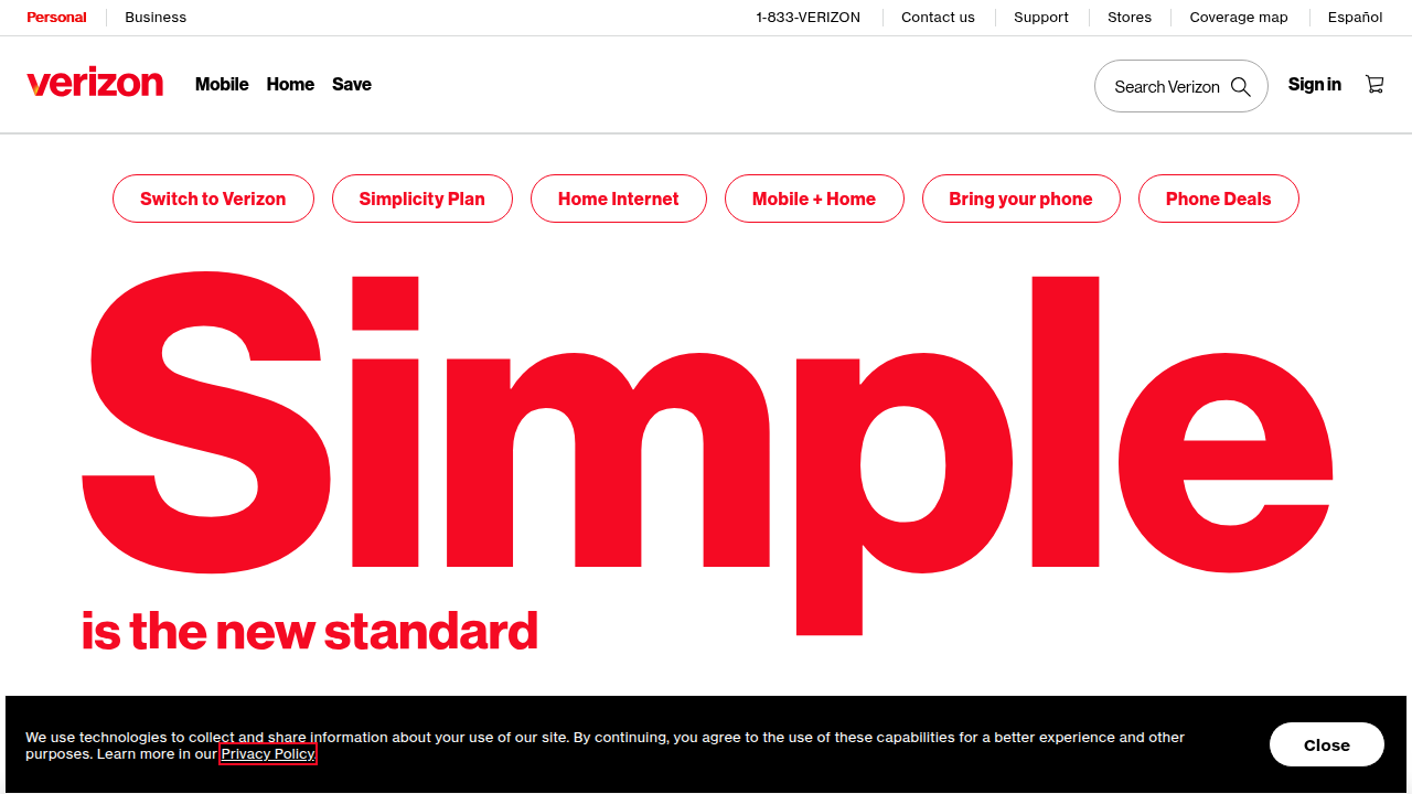 The Verizon homepage, representing their carrier-level website blocking services.