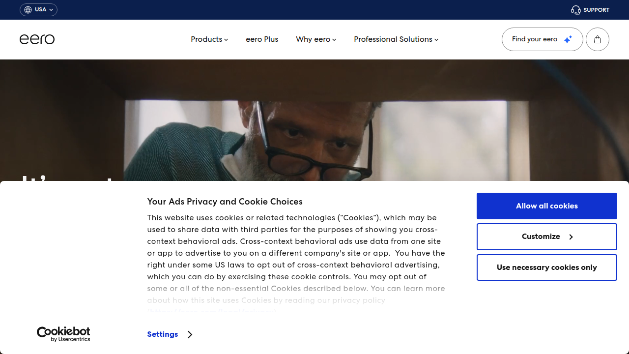 The eero homepage, showcasing router-level controls for blocking websites on a home network.