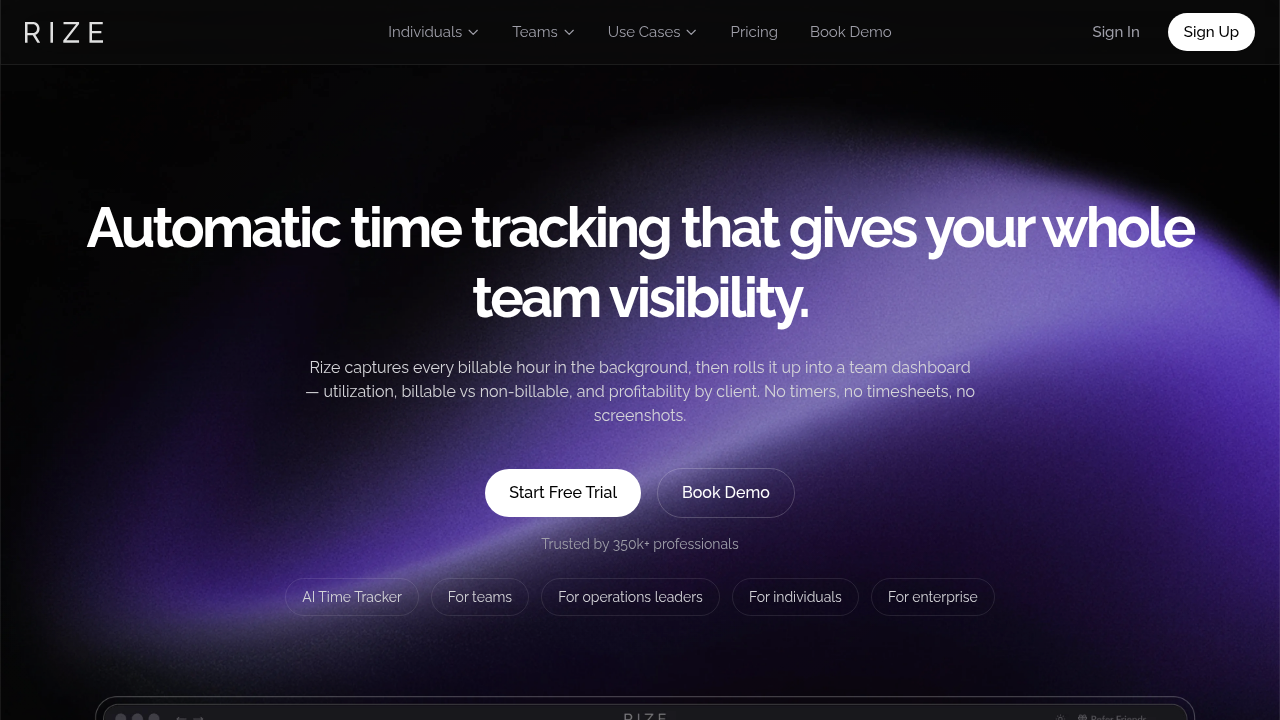 The Rize.io homepage, an example of a time-tracking application that helps users measure focus and productivity.