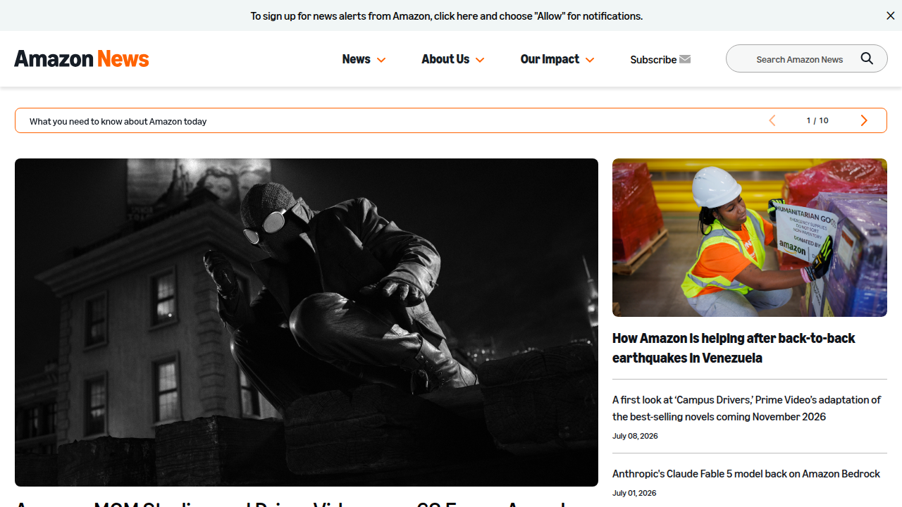 A screenshot of About Amazon, the official news site, featuring announcements like Prime Day Kindle deals and company updates.