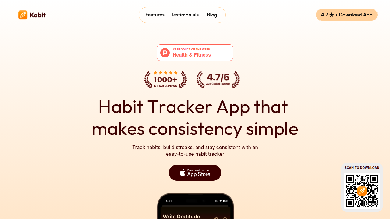 The homepage of Kabit App, a resource for comparing habit tracker applications.