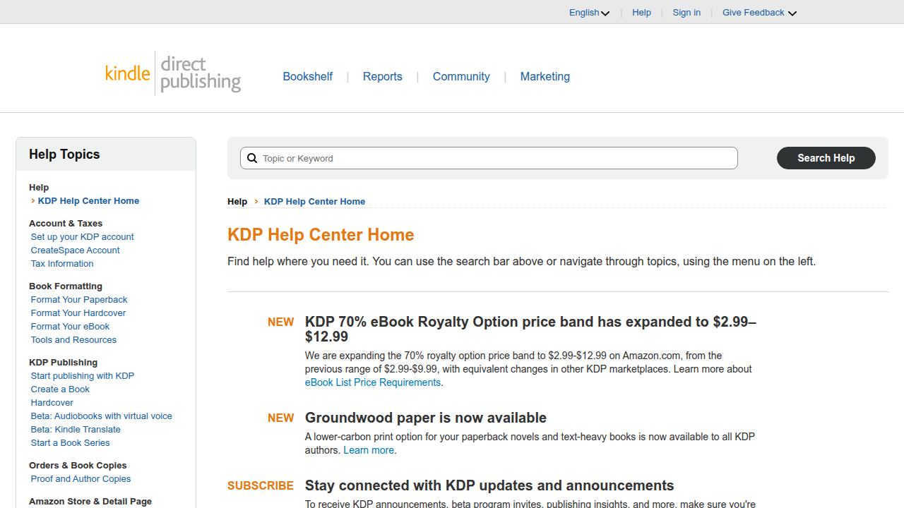 An example of the Amazon KDP help section, providing guidelines for authors.