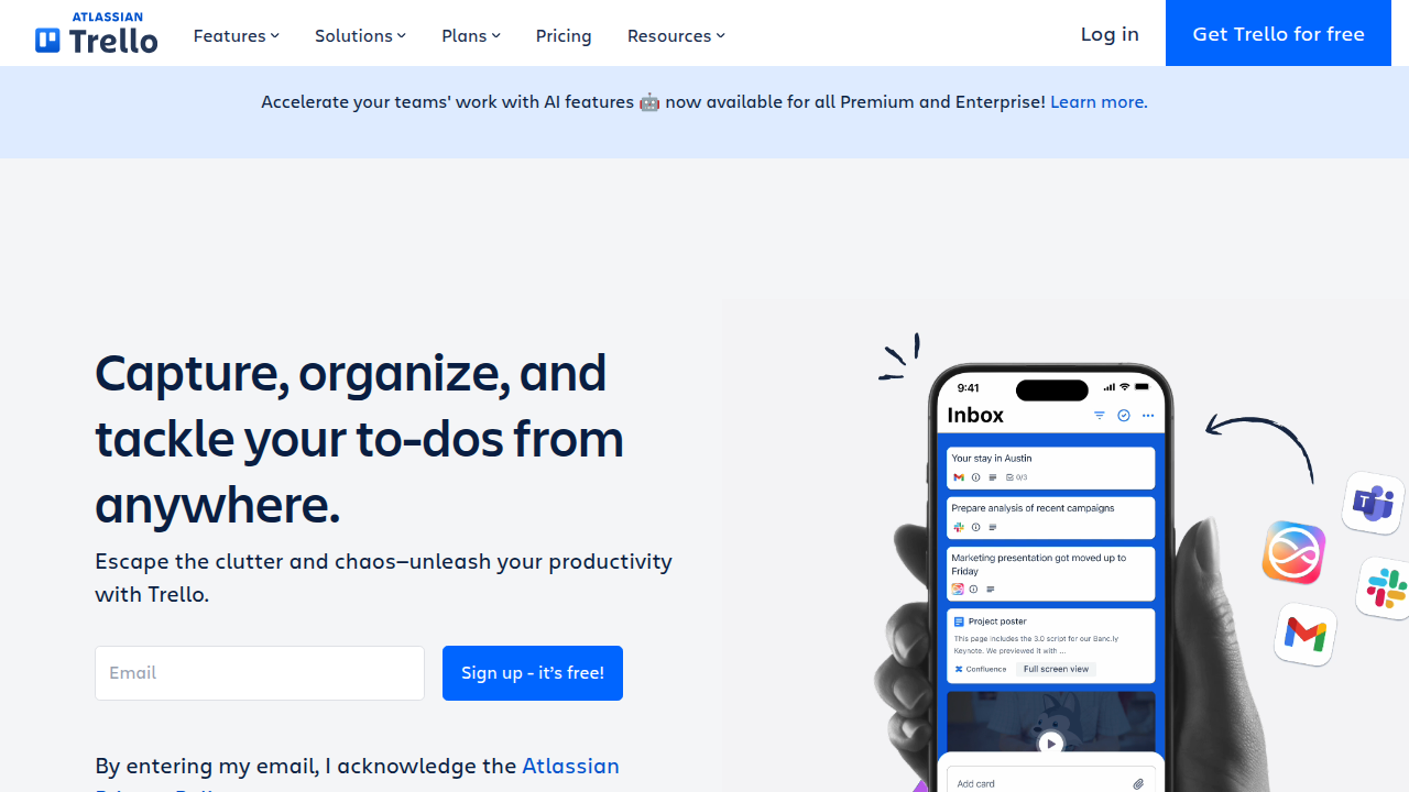 The official homepage for Trello, a widely used free project management application.