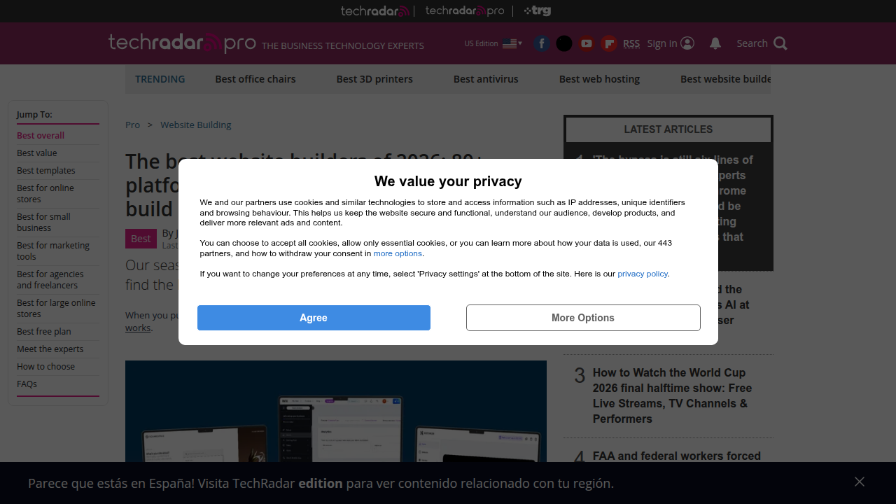 A screenshot of a reputable tech review site evaluating the best website builders for 2026.