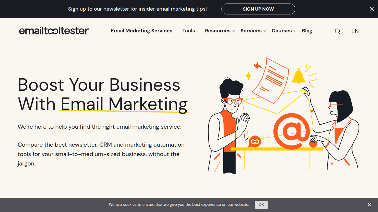 A view of the EmailToolTester homepage, highlighting resources for website builders with integrated email marketing.